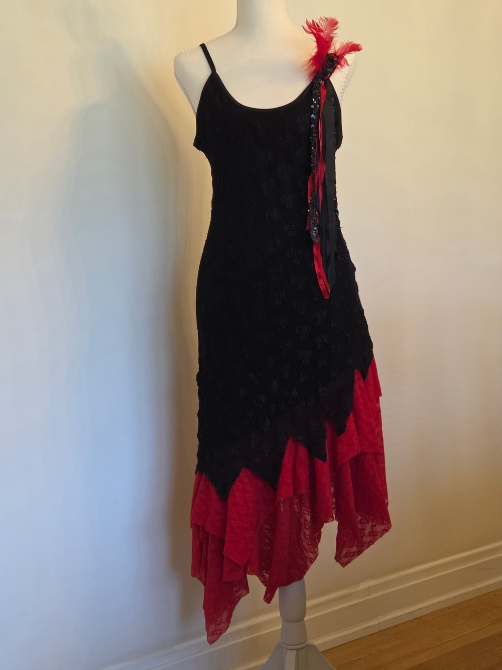 Black & Red Layered Asymmetrical Lace Midi Dress